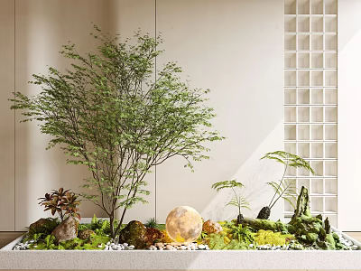 Natural Indoor Landscape Featuring Tree Small Plants Stones Glowing Sphere and Grid Pattern Wall 3d model