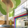 Modern Kindergarten Interior With Rainbow Arch Tree Decorations Green Walls And Open Space Reception Desk