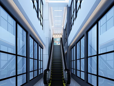 Escalator in Modern Spacious Area With Glass Walls and Bright Design Features 3d model
