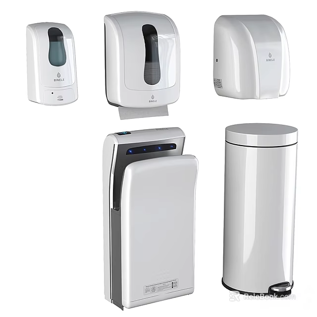 Modern White Daily Electrical Appliances Including Sanitizer Dispenser Hand Dryer And Trash Bin 3d model 