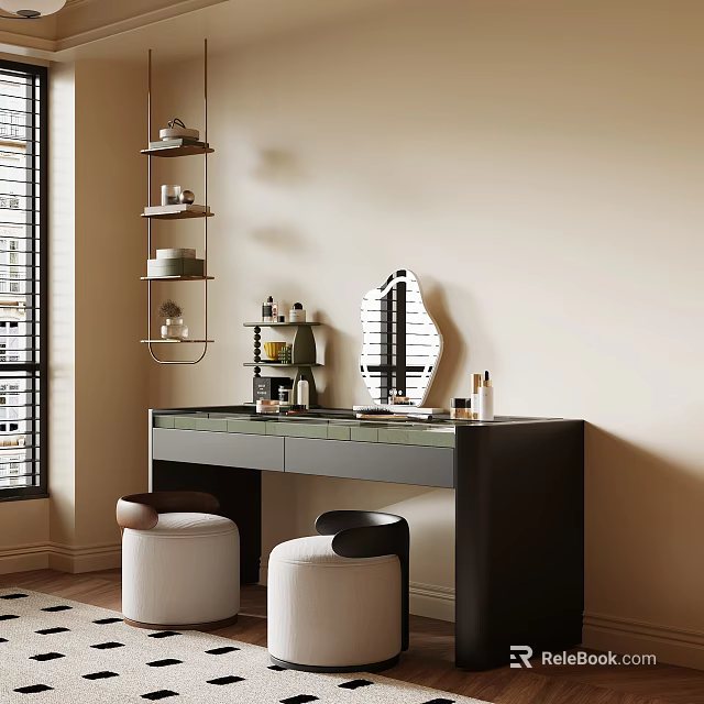 Black Cabinet Green Countertop Dressing Table With Polygonal Mirror White Stools And Multi Layer Shelf 3d model