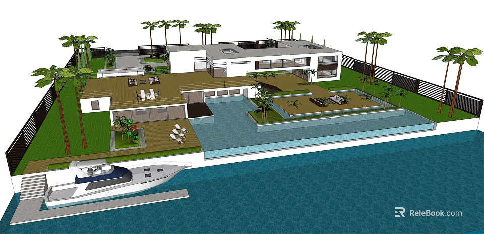 Luxury Modern Detached Villa With Palm Trees Swimming Pool Yacht And Terrace 3d model 