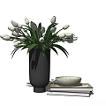Fresh White Tulips in Black Vase with Bowl and Stacked Books on Minimalist Surface