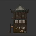 Traditional Chinese Ancient Architecture Two Story Wooden Structure With Tile Roof Overhanging Eaves And Lanterns