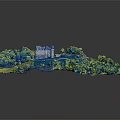 Beautiful Cartoon Scene with Green Grass Path Trees Small Houses and Castle