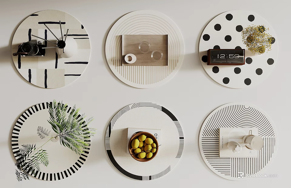 Stylish Round Rugs with Various Black and White Geometric Patterns and Decorative Designs 3d model