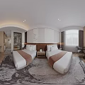 Modern Hotel Guest Room Interior With Double Bed Flat Screen TV Desk And Chair