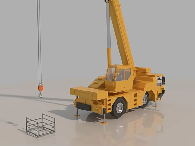 Yellow Mobile Crane With Extended Boom Truck Chassis And Metal Hook 3d model