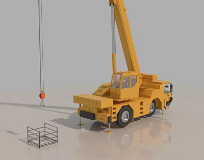 Yellow Mobile Crane With Extended Boom Truck Chassis And Metal Hook 3d model