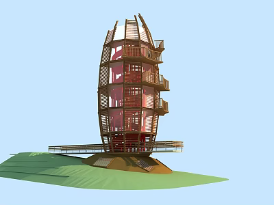 Multi Level Road Facility Tower With Wooden Frame And Observation Platform On Green Landscape 3d model