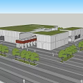 Modern Architectural Building With Glass Facade Red Roof Open Plaza And Pedestrians