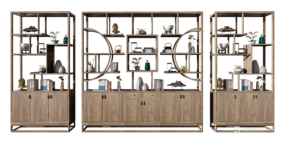 Wooden Chinese Bogu Shelf with Decorative Ornaments Vases Books and Sculptures 3d model 