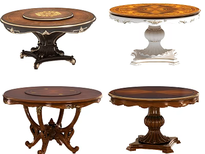 Ornate Wooden Dining Tables With Round Inlaid Tops And Decorative Carved Pedestal Bases 3d model