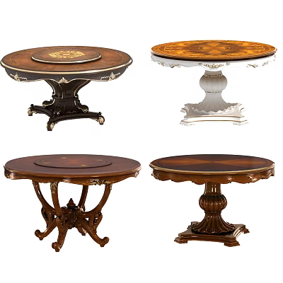 Ornate Wooden Dining Tables With Round Inlaid Tops And Decorative Carved Pedestal Bases 3d model