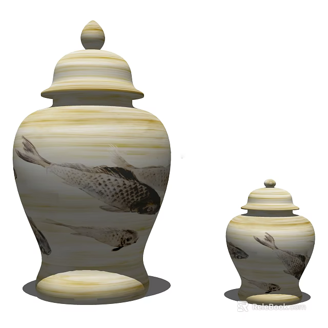 Two Ceramic Vessels Featuring Fish Patterns And Beige Wood Grain With Lids 3d model 
