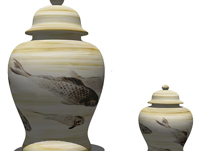 Two Ceramic Vessels Featuring Fish Patterns And Beige Wood Grain With Lids 3d model