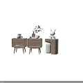 Wooden Modern Bedside Tables With Drawer Green Plant Rabbit Figurine Vase And Books
