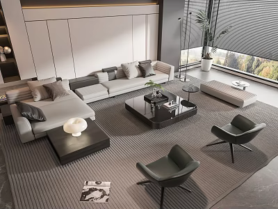 Modern Sofa Coffee Table Combination with L-shaped Sofa Cushions Green Chairs and Floor-to-Ceiling Window View 3d model