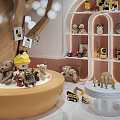 Various Stuffed Dolls Collection Arranged On Round Platform And Display Shelves With Toy Cars