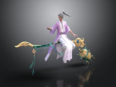 Man In Purple Robe With White Hair Riding Green Flying Mount With Golden Decorations 3d model