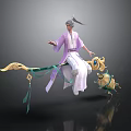 Man In Purple Robe With White Hair Riding Green Flying Mount With Golden Decorations