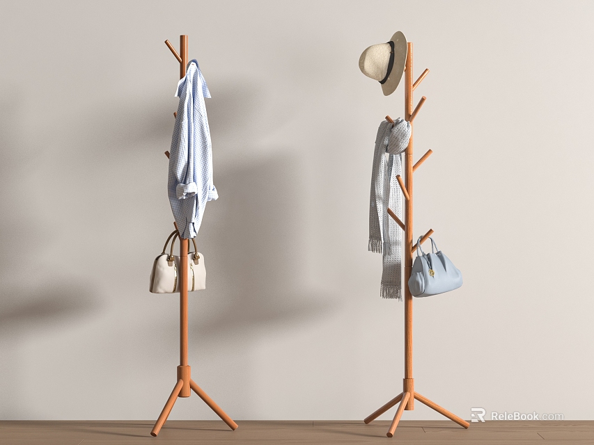 Wooden Tree Shaped Coat Racks with Clothes Hat and Bags for Home Decor 3d model 