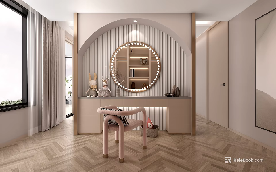 Cozy Modern Bedroom with Arched Lit Mirror Dressing Table Pink Chair And Herringbone Wood Floor 3d model 