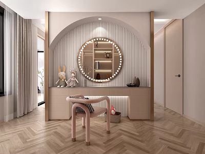Cozy Modern Bedroom with Arched Lit Mirror Dressing Table Pink Chair And Herringbone Wood Floor 3d model