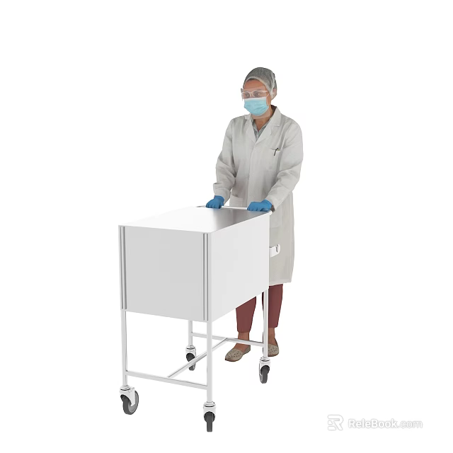 Woman in Protective Gown Face Mask and Gloves Pushing White Cart with Wheels 3d model 