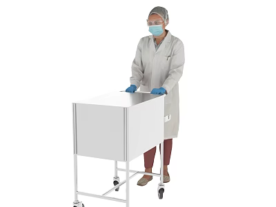 Woman in Protective Gown Face Mask and Gloves Pushing White Cart with Wheels 3d model