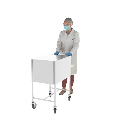 Woman in Protective Gown Face Mask and Gloves Pushing White Cart with Wheels 3d model
