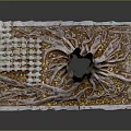3D Wooden Tree Trunk with Stone Base Exposed Roots and Golden Accents