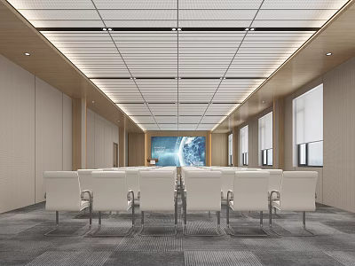 Modern Conference Room Interior with White Chairs Large Screen Gray Carpet and Windows 3d model