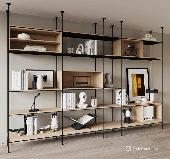 Modern Multi Layer Open Shelving Unit With Books Decorative Items And Photo Frames 3d model 