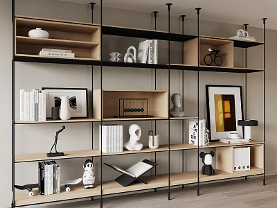 Modern Multi Layer Open Shelving Unit With Books Decorative Items And Photo Frames 3d model