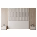 Modern Bedroom Interior With Geometric Panel Wall Light Beige Headboard And Wooden Nightstands