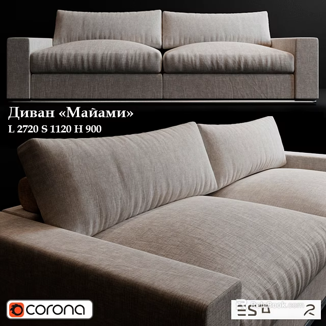 Modern Grey Miami Sofa Featuring Soft Cushions And Dimensions L720 S1120 H900 3d model 