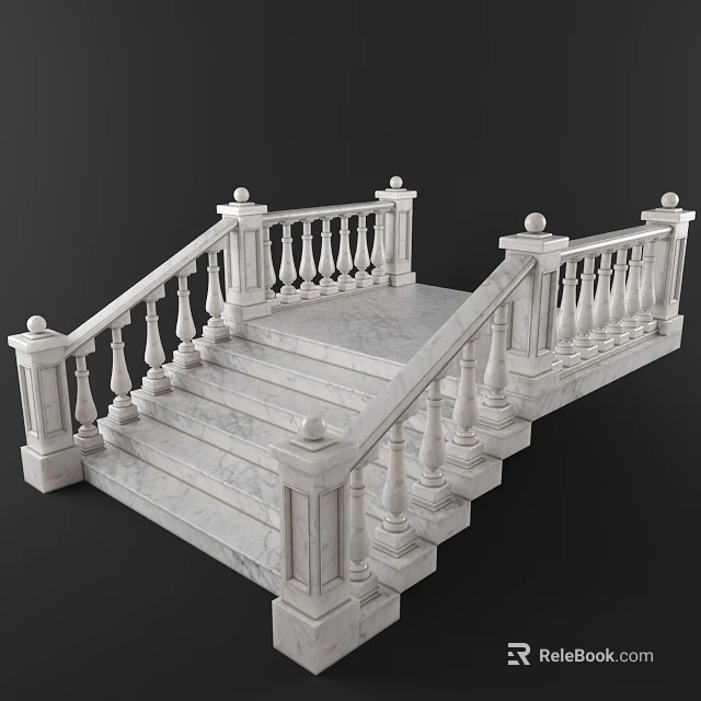 Elegant Marble Staircase Design With Carved Railing And Spherical Finial Decorations 3d model 