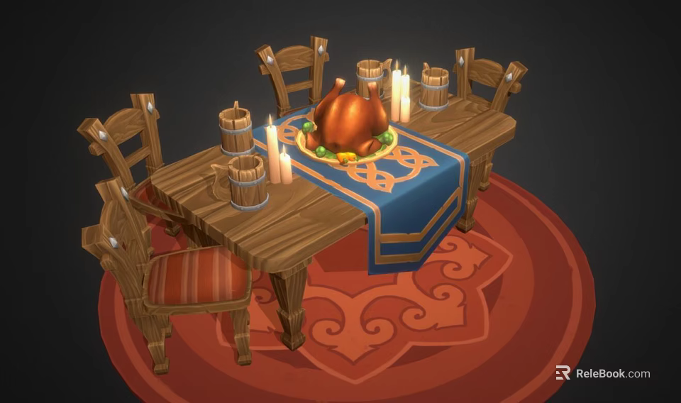 Wooden Dining Table Set With Four Chairs Blue Tablecloth Roast Chicken Candles Red Patterned Rug 3d model 