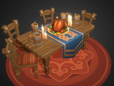 Wooden Dining Table Set With Four Chairs Blue Tablecloth Roast Chicken Candles Red Patterned Rug 3d model