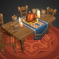 Wooden Dining Table Set With Four Chairs Blue Tablecloth Roast Chicken Candles Red Patterned Rug