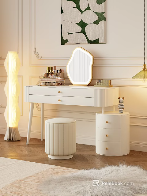 White Dressing Table with Decorative Mirror Cosmetics Stool and Cabinet Interior 3d model