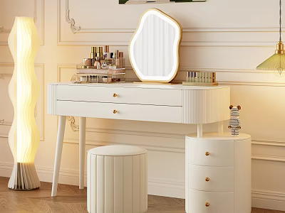 White Dressing Table with Decorative Mirror Cosmetics Stool and Cabinet Interior 3d model