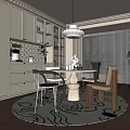 Modern Restaurant Interior With Light Colored Cabinets Round Dining Table And Black White Patterned Rug 3d model