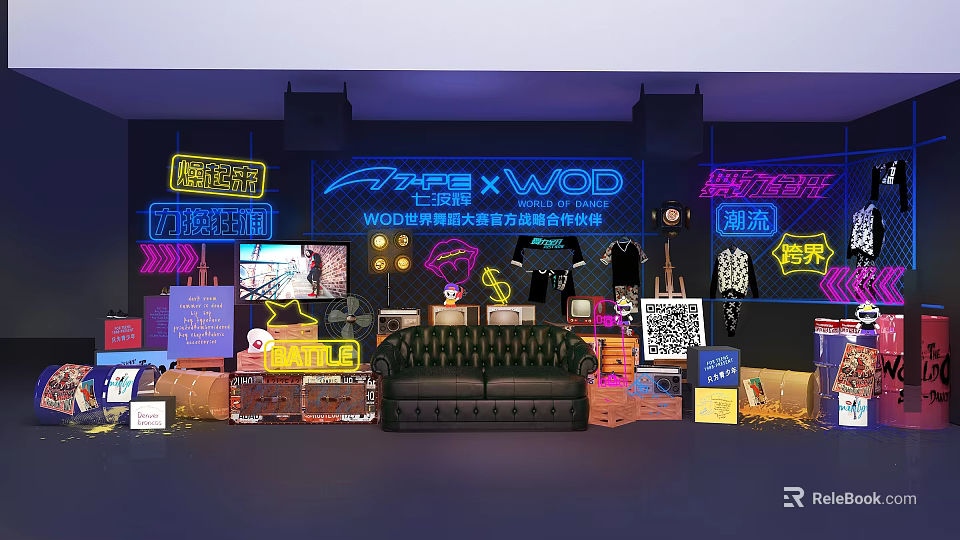 FAPE x WOD Official Pop Up Store With Neon Signs Displayed Clothing And Sofa 3d model 