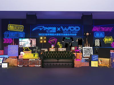 FAPE x WOD Official Pop Up Store With Neon Signs Displayed Clothing And Sofa 3d model