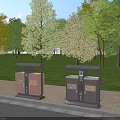 Pink And Gray Public Trash Bins On Sidewalk With Green Grass And Trees