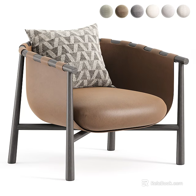 Modern Minimalist Brown Leather Accent Chair With Geometric Pattern Pillow And Dark Metal Frame 3d model 