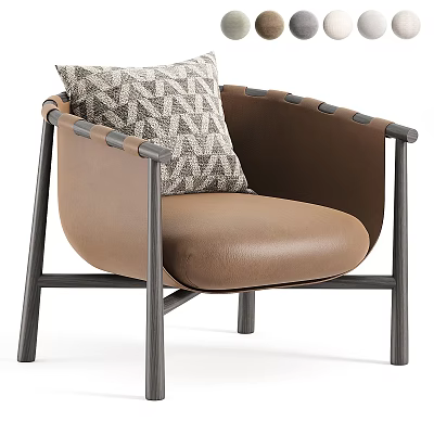 Modern Minimalist Brown Leather Accent Chair With Geometric Pattern Pillow And Dark Metal Frame 3d model
