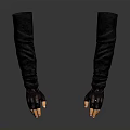 Realistic Human Arms with Black Sleeves and Orange Fingers on Reflective Surface